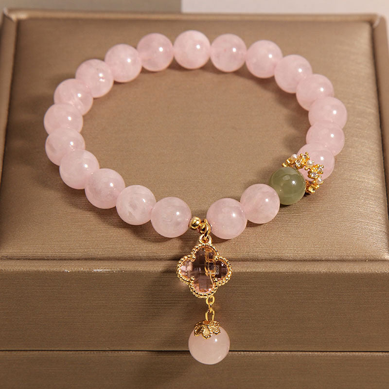 Close-up of pink quartz bracelet