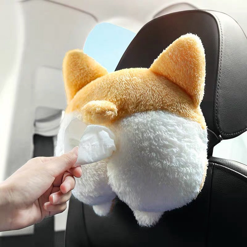 Plush Corgi Butt Car Tissue Holder Front View