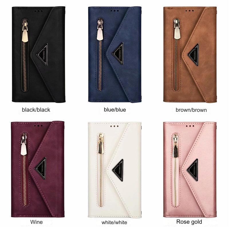 Premium PU Leather Wallet Case for iPhone & Samsung - Multi-Card Holder with Zipper Closure