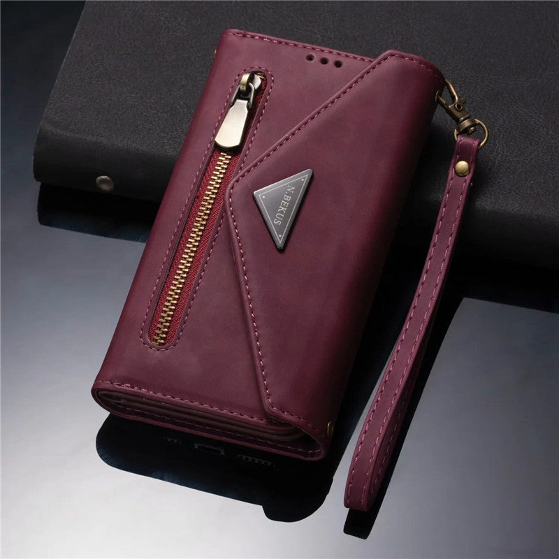 Premium PU Leather Wallet Case for iPhone & Samsung - Multi-Card Holder with Zipper Closure