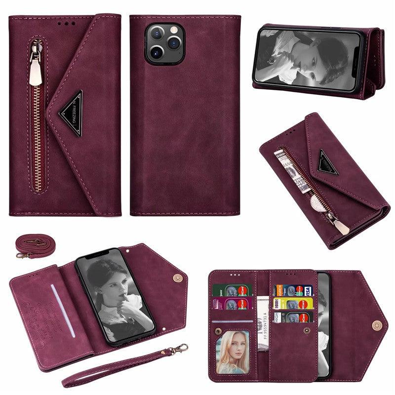 Premium PU Leather Wallet Case for iPhone & Samsung - Multi-Card Holder with Zipper Closure