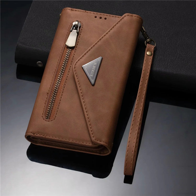 Premium PU Leather Wallet Case for iPhone & Samsung - Multi-Card Holder with Zipper Closure