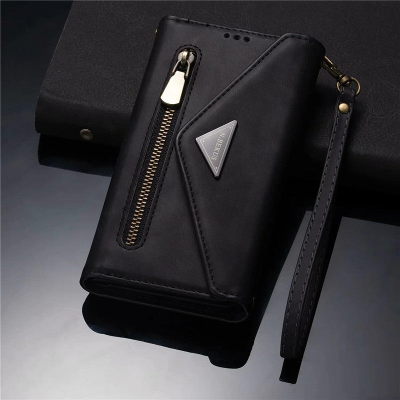 Premium PU Leather Wallet Case for iPhone & Samsung - Multi-Card Holder with Zipper Closure