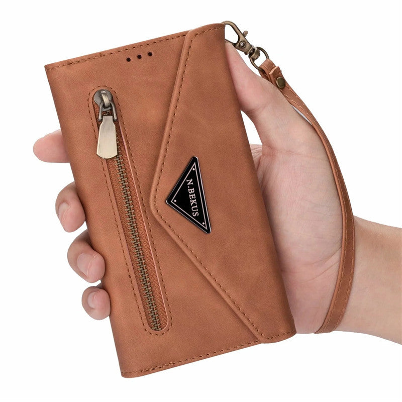 Premium PU Leather Wallet Case for iPhone & Samsung - Multi-Card Holder with Zipper Closure