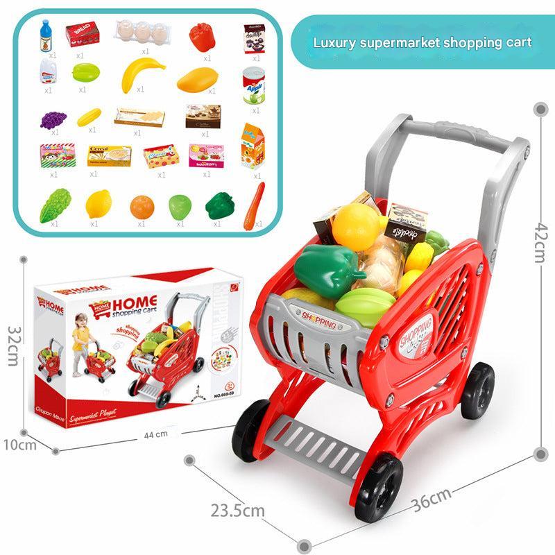 preschool kid with purple shopping cart and plastic fruits