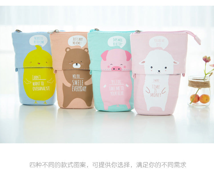 Multifunctional Canvas Pencil Case in Gray Cat design