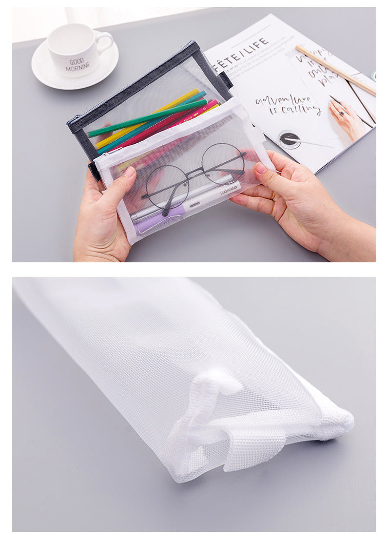 Large white mesh pencil case with content