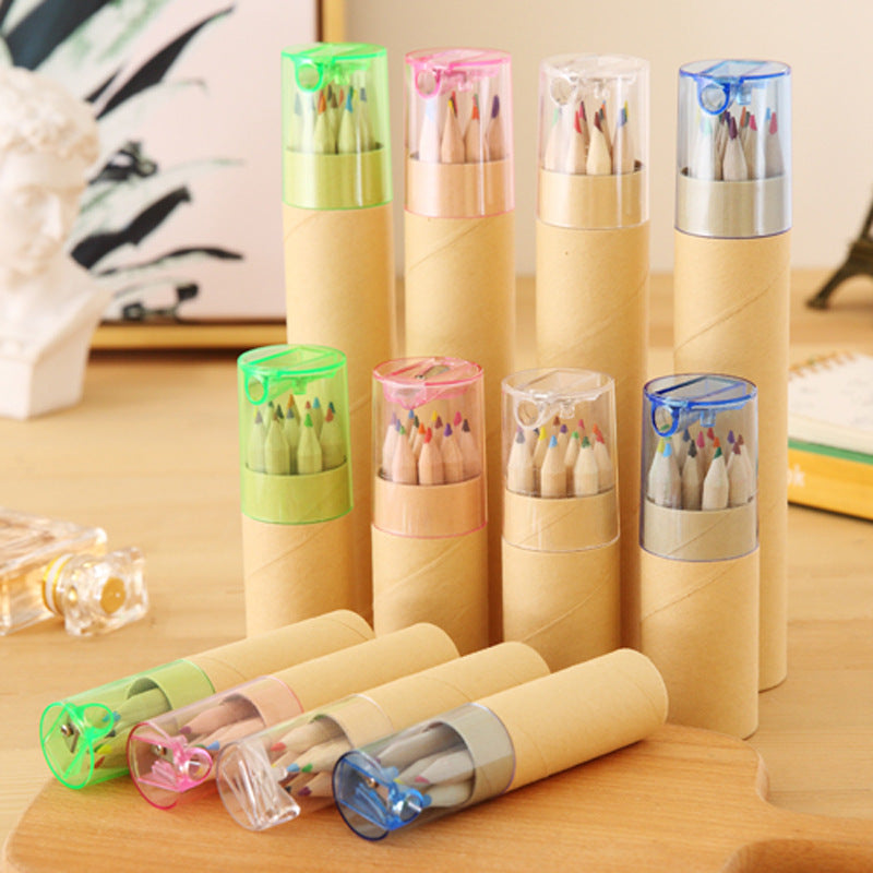 Eco-Friendly Wooden Colored Pencil Set - 6 Vibrant Colors in Portable Tube for Kids' Art and Drawing