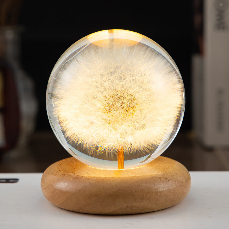 decorative 3D dandelion engraved crystal ball with LED light