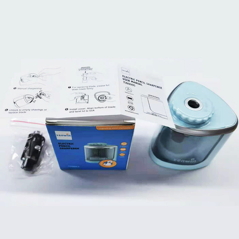 side view of blue electric pencil sharpener