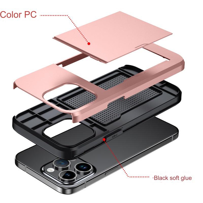 Versatile Shockproof Sliding Card Case for iPhone & Samsung - Durable PC+TPU with Multiple Colors