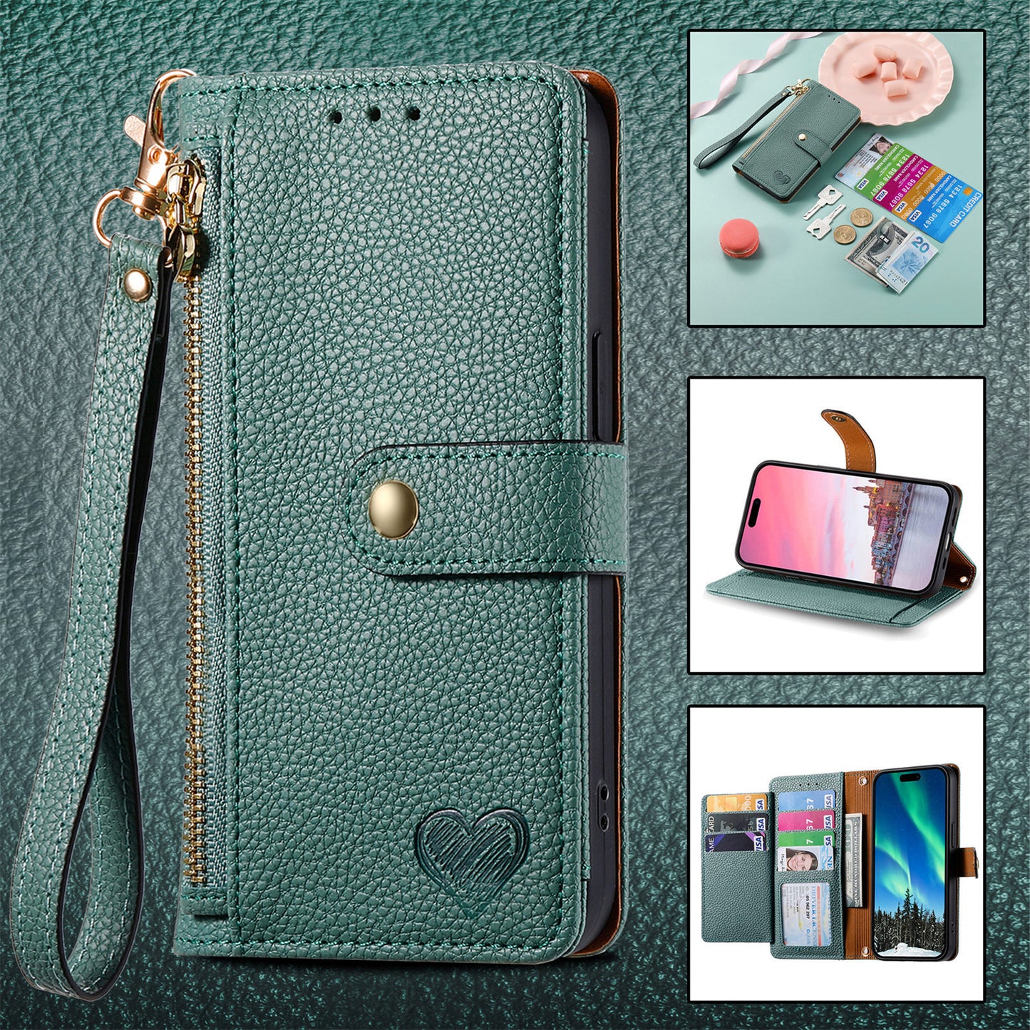 Stylish iPhone 16 Pro Max Heart-Shaped PU Leather Case with RFID Protection & Adjustable Strap