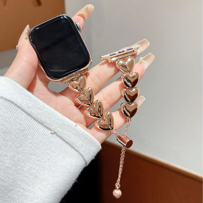 Stylish Metal Heart Link Bracelet for Apple Watch - Adjustable Fashion Band in Rose Gold, Black, Silver, and Gold