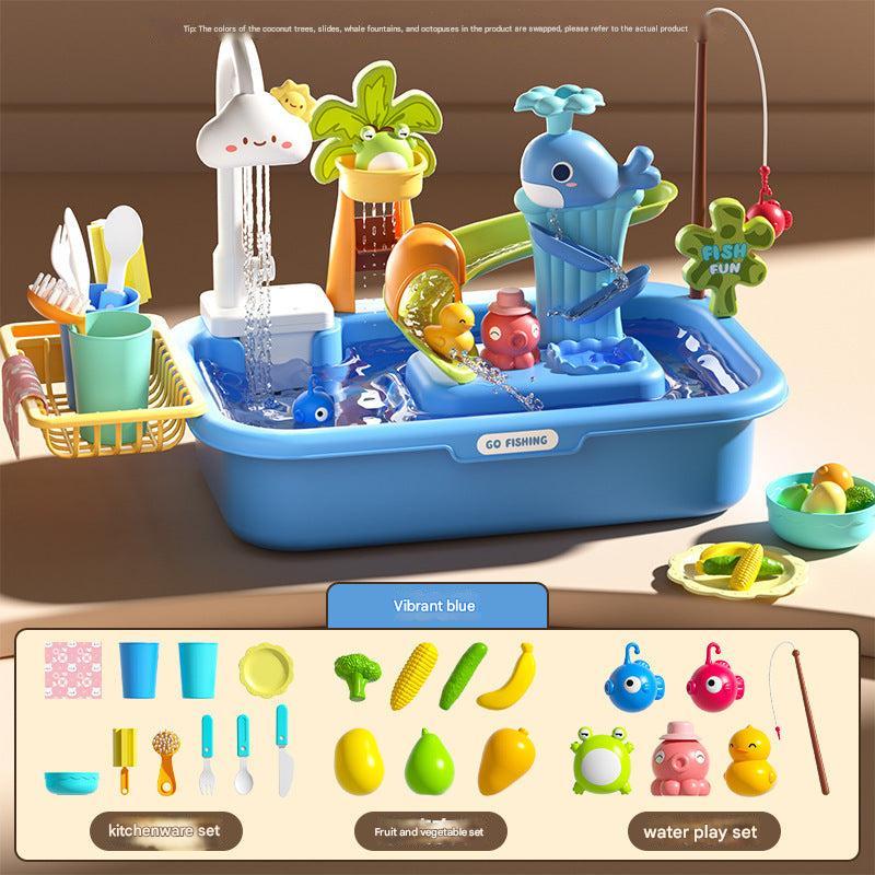 child using fishing rod in toy kitchen set