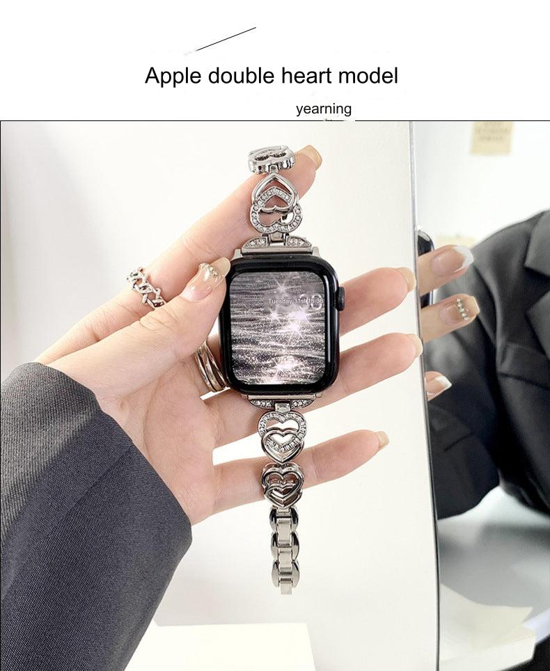 Stylish Heart-Shaped Metal Rhinestone Watch Band for Apple Watch Series 6/7/8/SE – Adjustable & Elegant