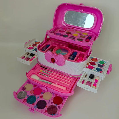 blue makeup case for children with makeup items inside