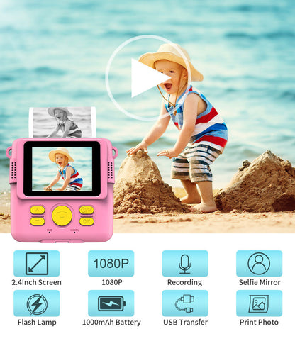 pink children's camera with printing functionality