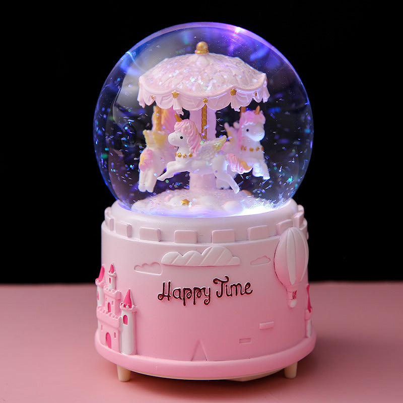 carousel crystal globe music box pink color