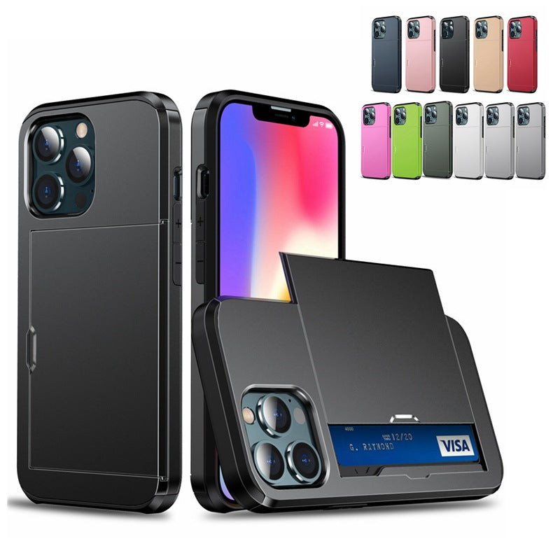 Versatile Shockproof Sliding Card Case for iPhone & Samsung - Durable PC+TPU with Multiple Colors