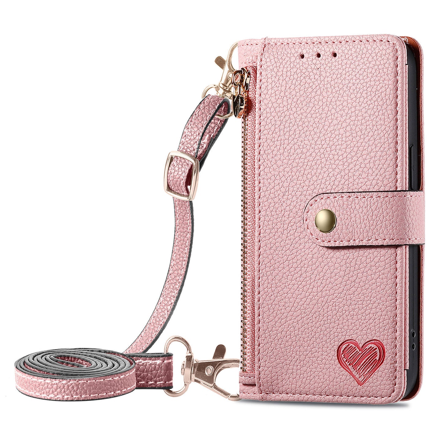 Stylish iPhone 16 Pro Max Heart-Shaped PU Leather Case with RFID Protection & Adjustable Strap