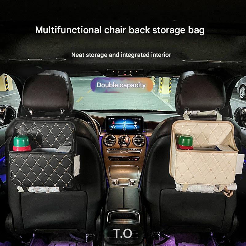 black quilted leather car seat organizer with trash bin image