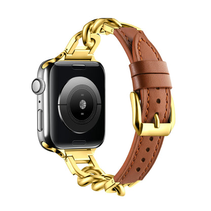 Stylish Leather Chain Link Band for Apple Watch Series 9, 8, 7, SE - Premium Denim Style - Compatible with Various Sizes