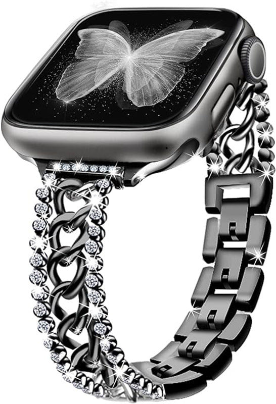 Stylish Diamond Denim Chain Metal Apple Watch Band - Compatible with Various Models