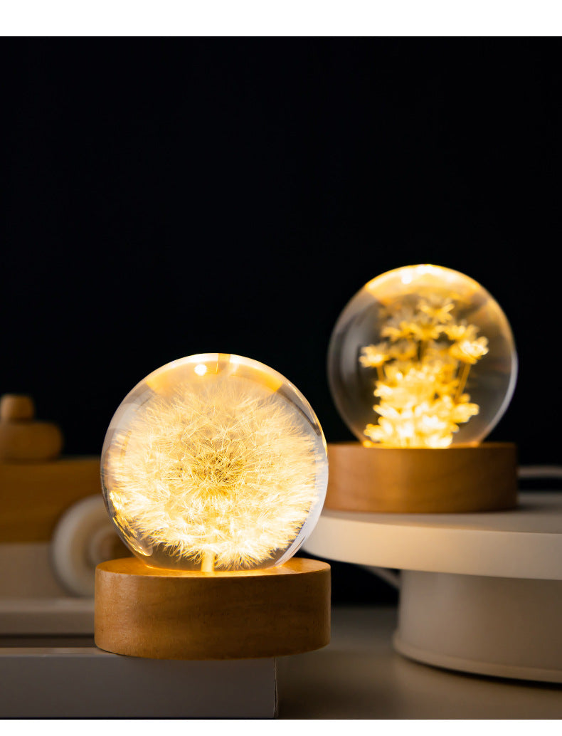 dandelion crystal ball light with USB power and wooden holder