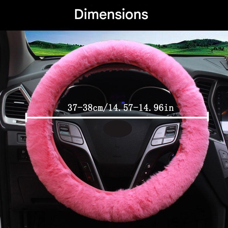 purple fur steering wheel cover in automobile setting