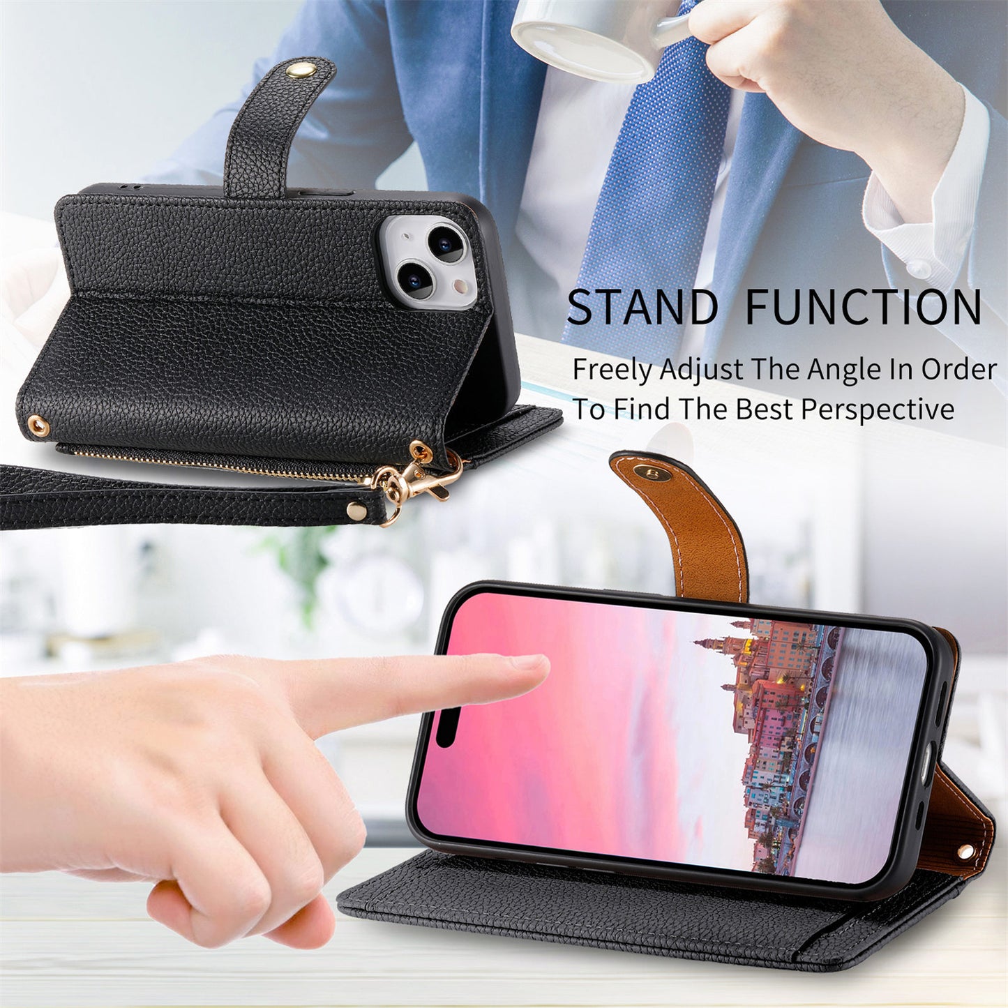 Stylish iPhone 16 Pro Max Heart-Shaped PU Leather Case with RFID Protection & Adjustable Strap