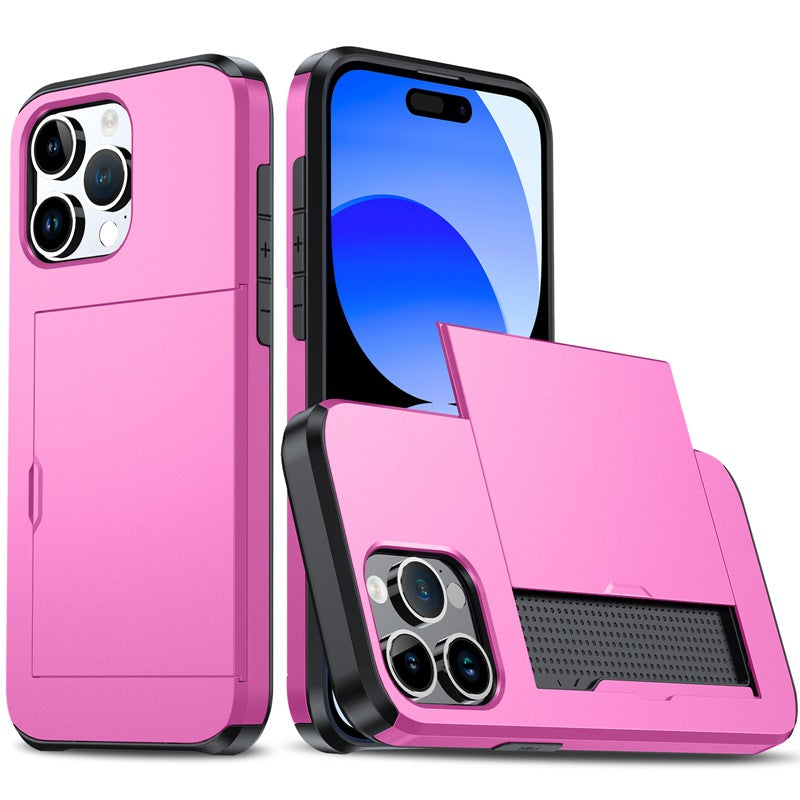 Versatile Shockproof Sliding Card Case for iPhone & Samsung - Durable PC+TPU with Multiple Colors