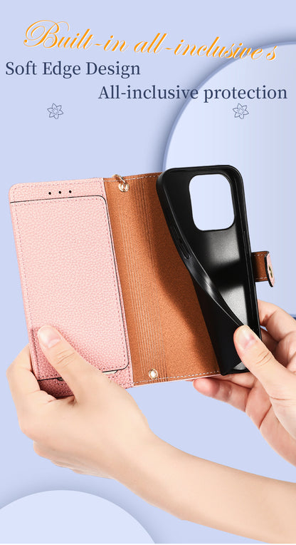 Stylish iPhone 16 Pro Max Heart-Shaped PU Leather Case with RFID Protection & Adjustable Strap