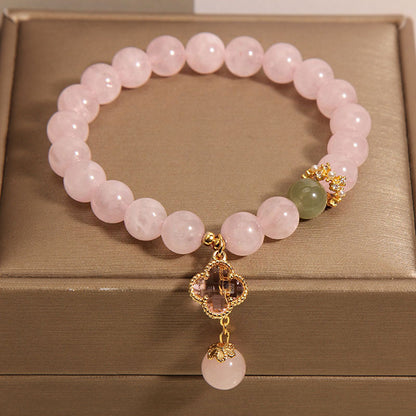 Close-up of pink quartz bracelet