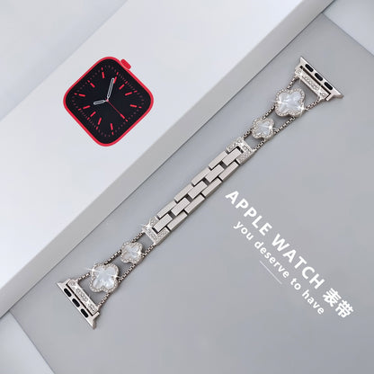 Stylish Four-Leaf Clover Rhinestone Metal Band for Apple Watch Series 1-9 - Versatile Adjustable Sizes