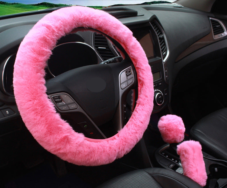 elegant gray fur steering wheel cover in vehicle