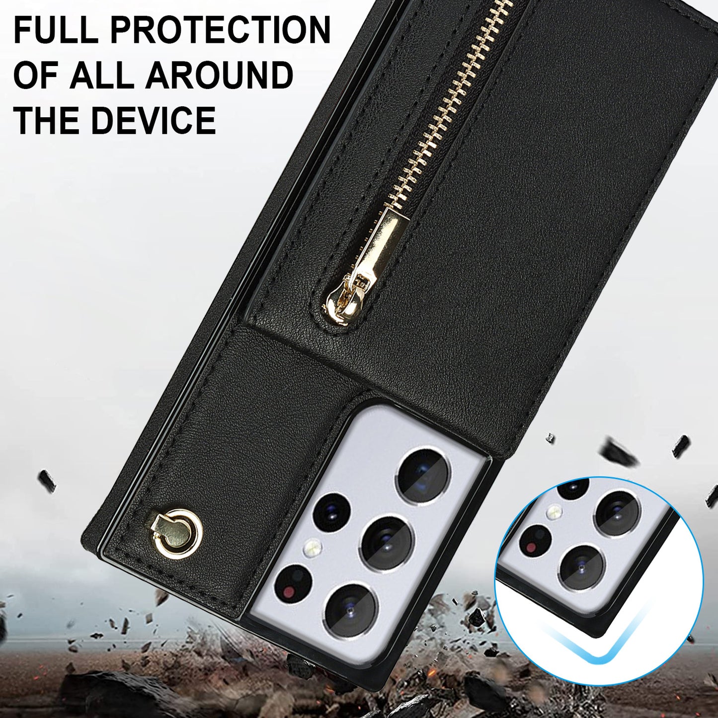 Premium Wallet Case for Samsung Galaxy S24 & S23 Ultra with Zipper, Flexible TPU & Leather, Crossbody Design, Black