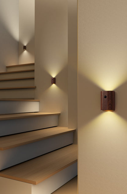 minimalist style wood grain night light in use