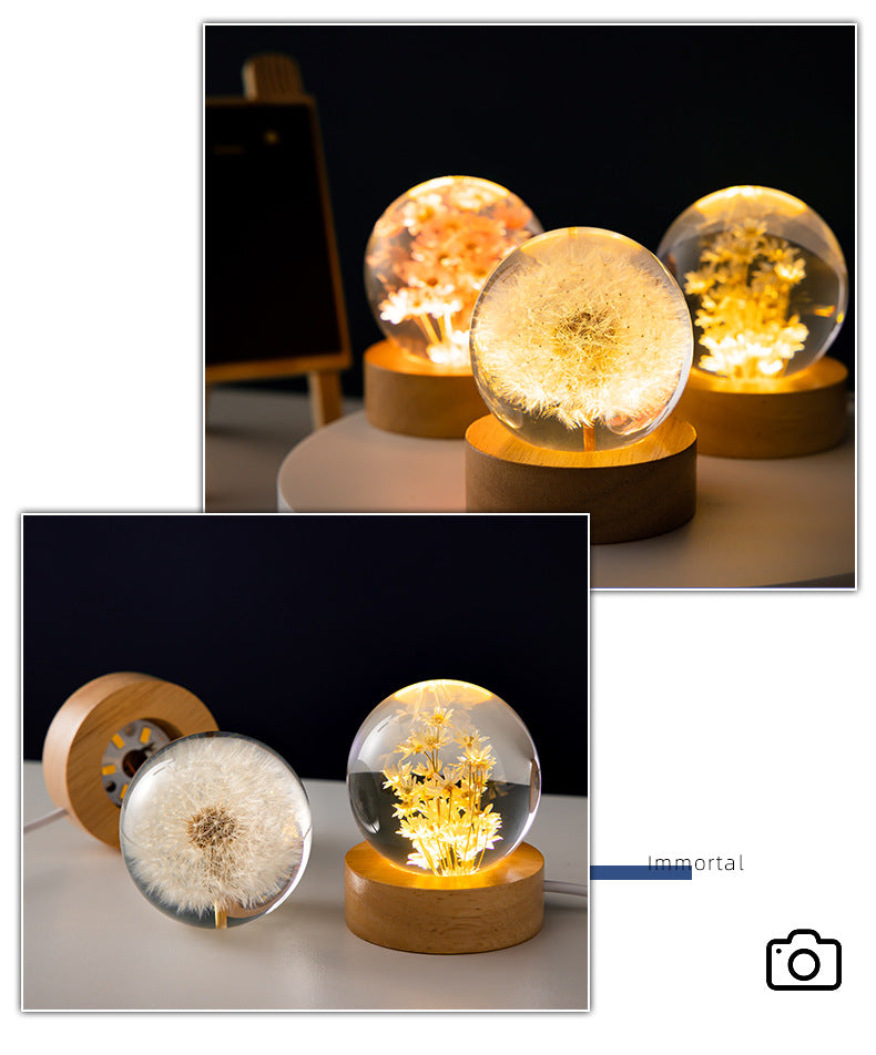 dandelion crystal ball light with USB power and wooden holder