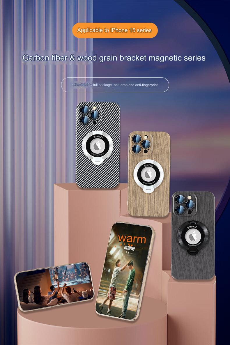 Stylish Magnetic Phone Case with Stand for iPhone 14/15 - All-Weather Protection & Premium Wood Finish