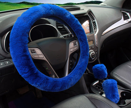 purple fur steering wheel cover in automobile setting