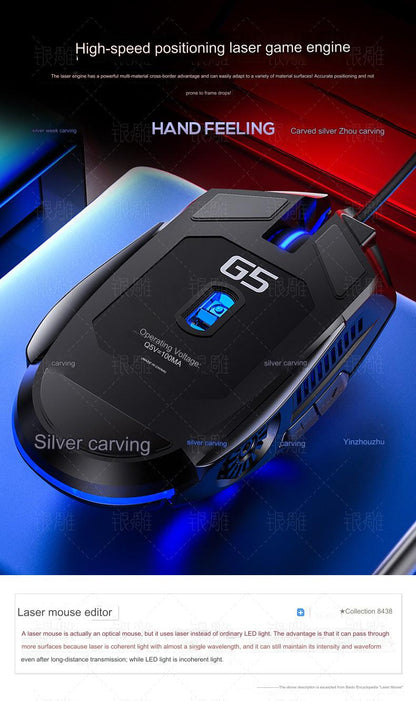 RGB Wired Gaming Mouse G5 - Ergonomic, 3200 DPI, 6-Button Optical, USB - Silent & Colorful Backlit for Ultimate Gaming Experience