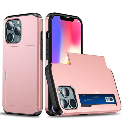 Versatile Shockproof Sliding Card Case for iPhone & Samsung - Durable PC+TPU with Multiple Colors