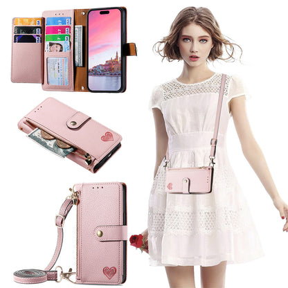 Stylish iPhone 16 Pro Max Heart-Shaped PU Leather Case with RFID Protection & Adjustable Strap