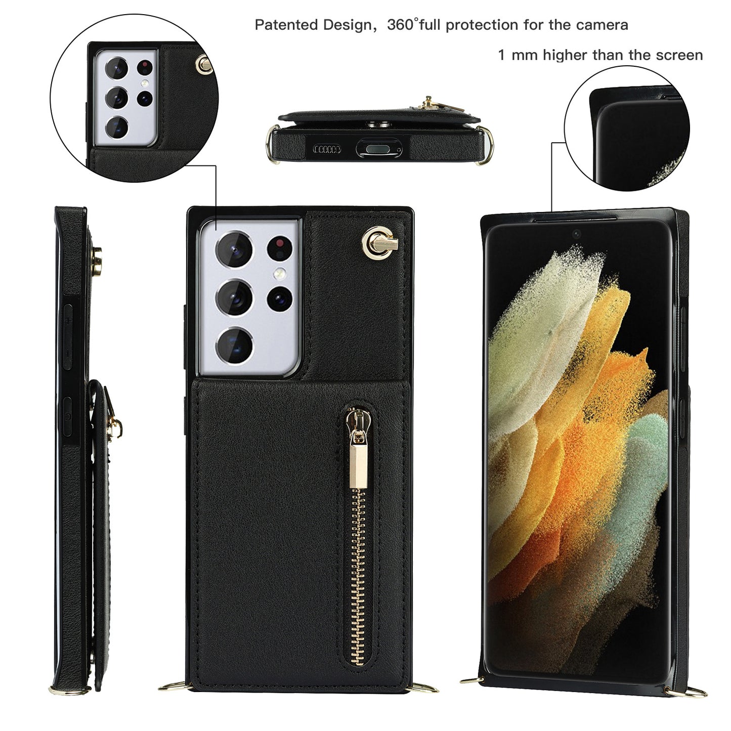 Premium Wallet Case for Samsung Galaxy S24 & S23 Ultra with Zipper, Flexible TPU & Leather, Crossbody Design, Black