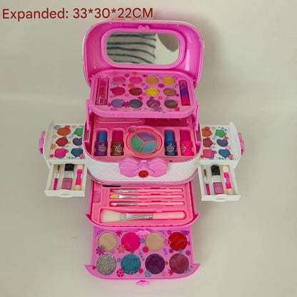 travel-ready children's makeup case with items displayed