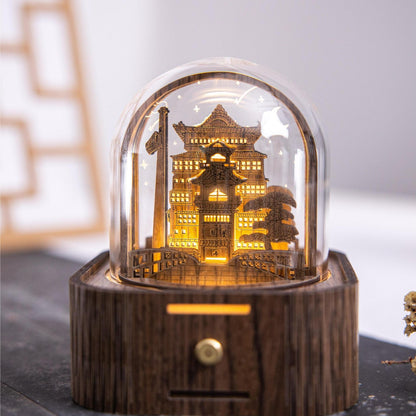 3D engraved night light music box in black walnut