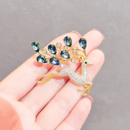 Blue crystal deer brooch front view