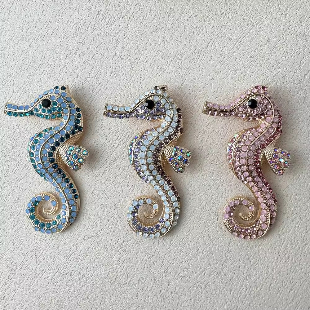 Pink sea horse brooch with rhinestones