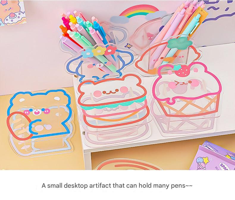 Transparent acrylic pen holder with hamburger bear design