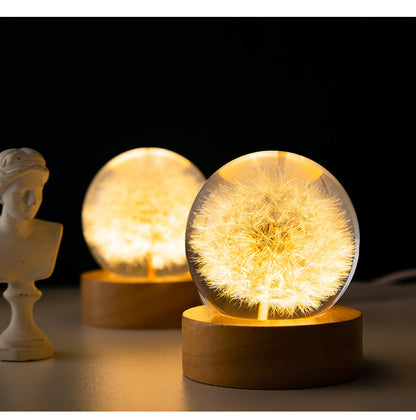 unique dandelion-engraved crystal desk lamp with wood base